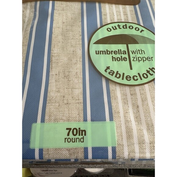 Tablecloth Vinyl Blue/tan 70 Inch Round With Umbrella Hole - Picture 2 of 5